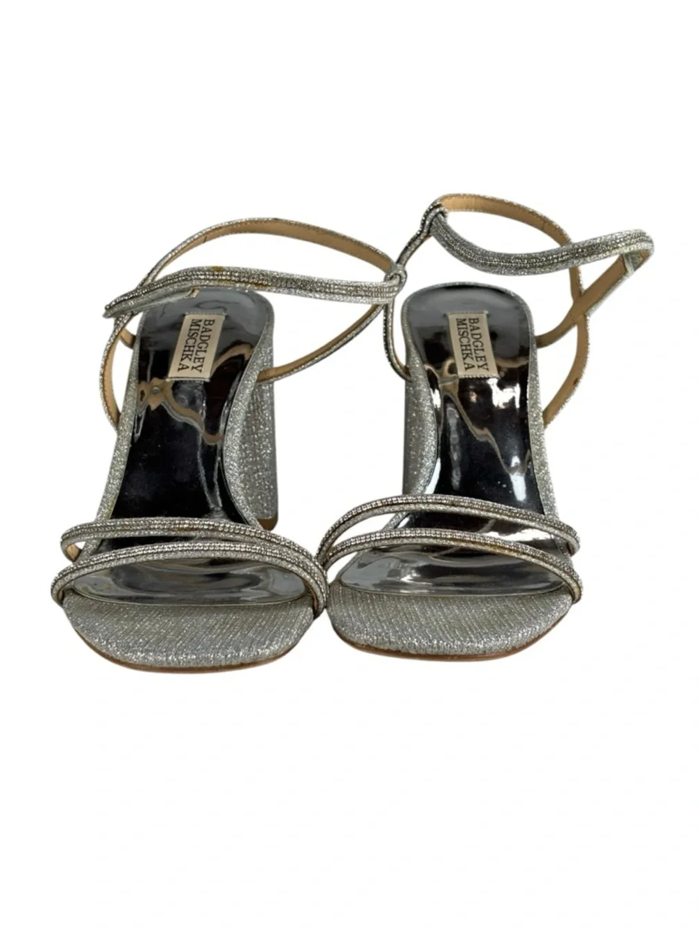 BADGLEY MISCHKA FIREY RHINESTONE SILVER BLOCK HEEL OPEN TOE HEELS
